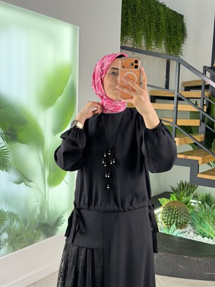 Siyah Renk Eteği Dantel Detaylı Premium Takım