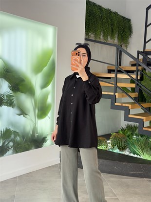 Siyah Renk Gofre Kumaş Gömlek