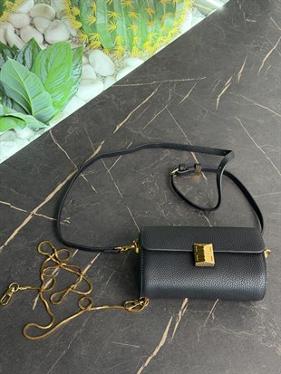 Siyah Renk Gold Tokalı Zincirli Premium Mini Çanta