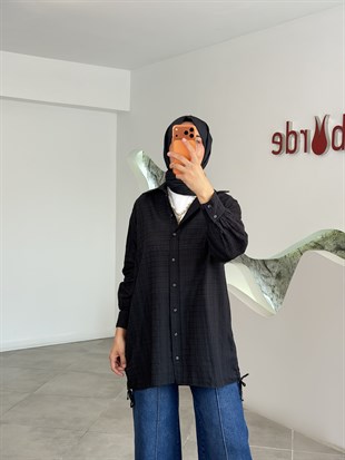 Siyah Renk İp Büzgü Detaylı Pamuklu Gömlek