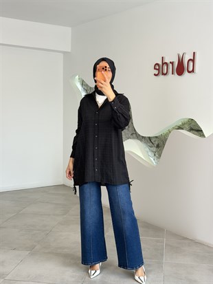 Siyah Renk İp Büzgü Detaylı Pamuklu Gömlek