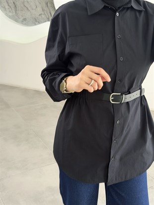 Siyah Renk Kemer Detaylı Poplin Gömlek