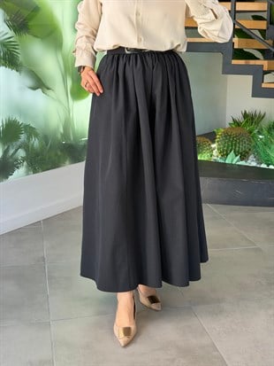 Siyah Renk Kemer Ve Pile Detaylı Cotton Etek