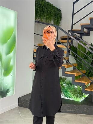Siyah Renk Keten Görünümlü Gömlek