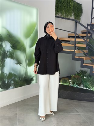Siyah Renk Keten Görünümlü Oversize Gömlek