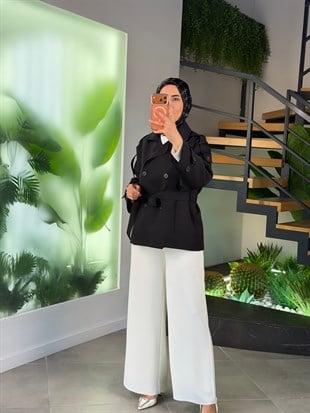 Siyah Renk Kolları Apoletli Kısa Trenç Ceket