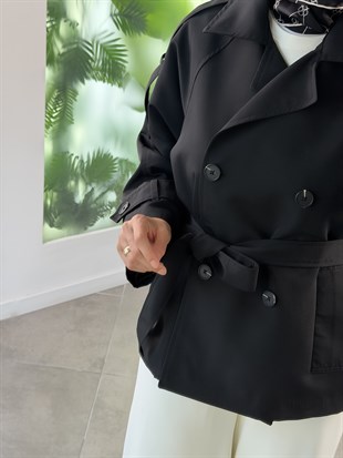 Siyah Renk Kolları Apoletli Kısa Trenç Ceket