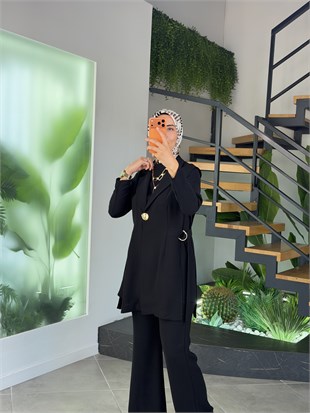 Siyah Renk Krep Kumaş Yelekli Üçlü Takım