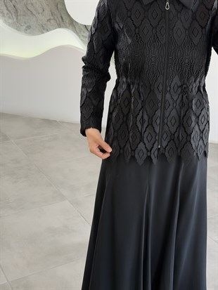 Siyah Renk Lazer Kesim Detaylı Ceketi Fermuarlı Takım