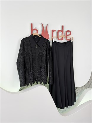 Siyah Renk Lazer Kesim Detaylı Ceketi Fermuarlı Takım