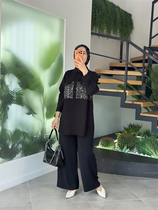 Siyah Renk Pul Ve Pulet İşlemeli Plus Size Gömlek