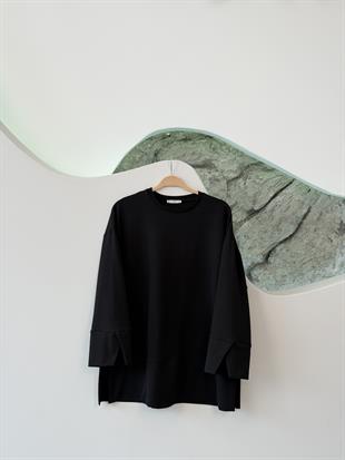 Siyah Renk Yandan Yırtmaçlı Basıc Sweatshirt