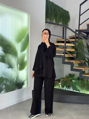 Siyah Renk Yandan Yırtmaçlı Basıc Sweatshirt