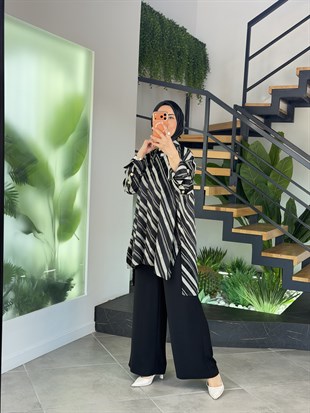 Siyah Renk Yatay Çizgi Desenli Oversize Gömlek