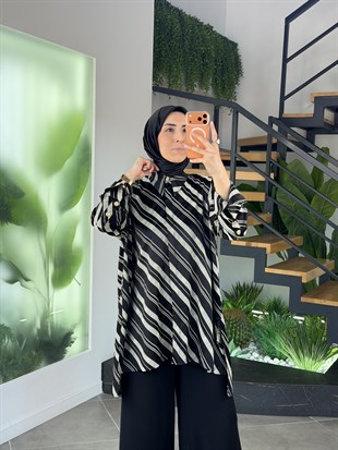 Siyah Renk Yatay Çizgi Desenli Oversize Gömlek