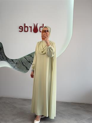 Su Yeşili Renk Degaje Dökümlü El İşi Boncuk Detaylı Pelerin Elbise  