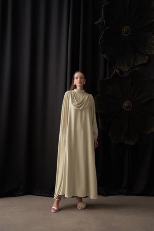 Su Yeşili Renk Degaje Dökümlü El İşi Boncuk Detaylı Pelerin Elbise  