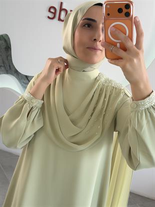 Su Yeşili Renk Degaje Dökümlü El İşi Boncuk Detaylı Pelerin Elbise  