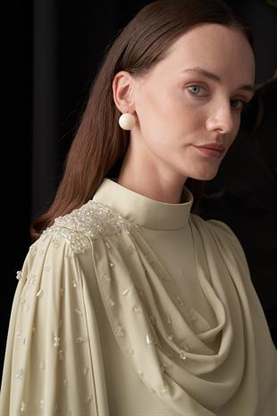 Su Yeşili Renk Degaje Dökümlü El İşi Boncuk Detaylı Pelerin Elbise  