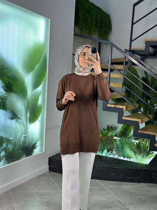 Sütlü Kahve Renk Verev Desenli Merserize Kadın Tunik