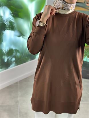 Sütlü Kahve Renk Verev Desenli Merserize Kadın Tunik