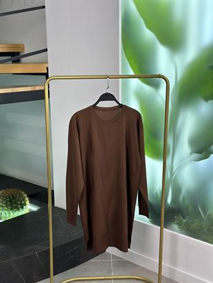 Sütlü Kahve Renk Verev Desenli Merserize Kadın Tunik