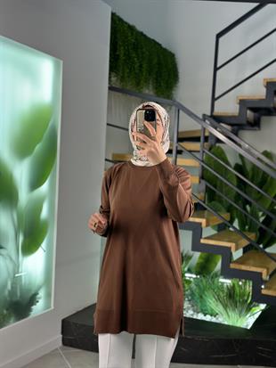 Sütlü Kahve Renk Verev Desenli Merserize Kadın Tunik