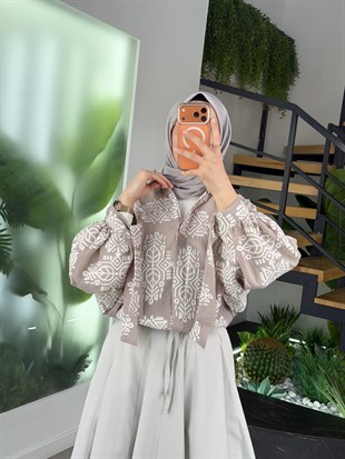 Taş Renk Etnik Desen Rahat Gömlek