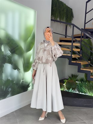 Taş Renk Etnik Desen Rahat Gömlek