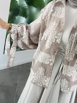 Taş Renk Etnik Desen Rahat Gömlek