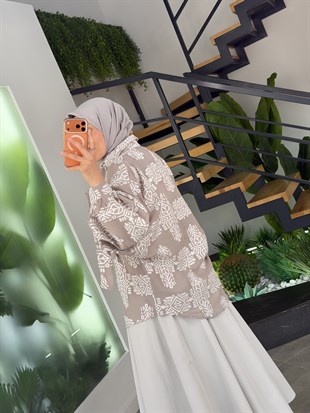 Taş Renk Etnik Desen Rahat Gömlek