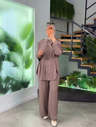 Vizon Renk Dantel Detaylı Pantolonlu Takım