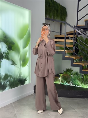 Vizon Renk Dantel Detaylı Pantolonlu Takım
