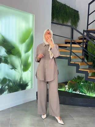 Vizon Renk Nervür Detaylı Pantolonlu Takım