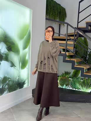 Vizon Renk Sökük Detaylı Örme Kazak