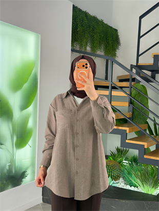 Vizon Renk Süet Kumaş  Cep Detaylı Gömlek