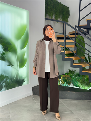 Vizon Renk Süet Kumaş  Cep Detaylı Gömlek