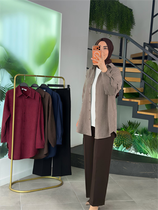 Vizon Renk Süet Kumaş  Cep Detaylı Gömlek