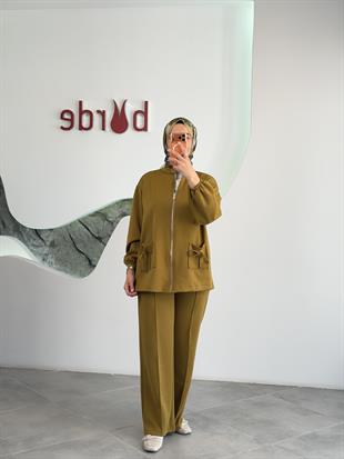 Yağ Yeşili Renk Ceketi Fermuarlı KadınTakım