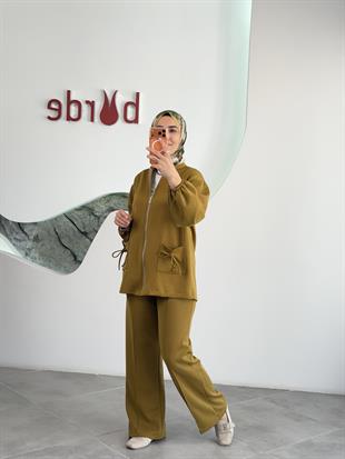 Yağ Yeşili Renk Ceketi Fermuarlı KadınTakım