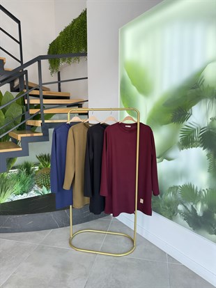 Yağ Yeşili Renk Etiket Detaylı İki İplik Basic Tunik