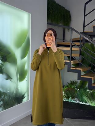 Yağ Yeşili Renk Yarım Fermuarlı Basıc Kadın Tunik