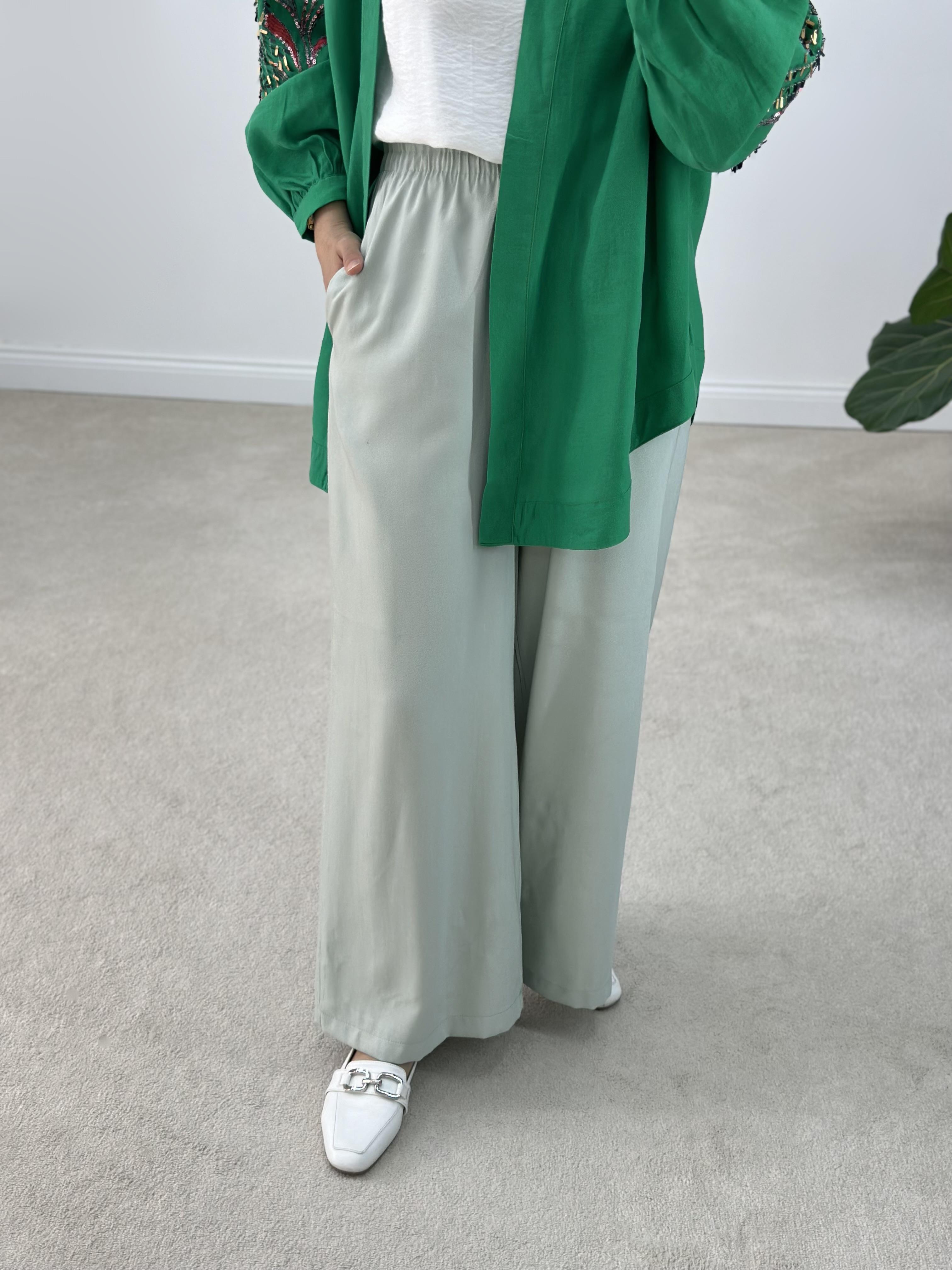 %50 Pamuk Kumaşlı Beli Lastikli Bol Paça Pantolon