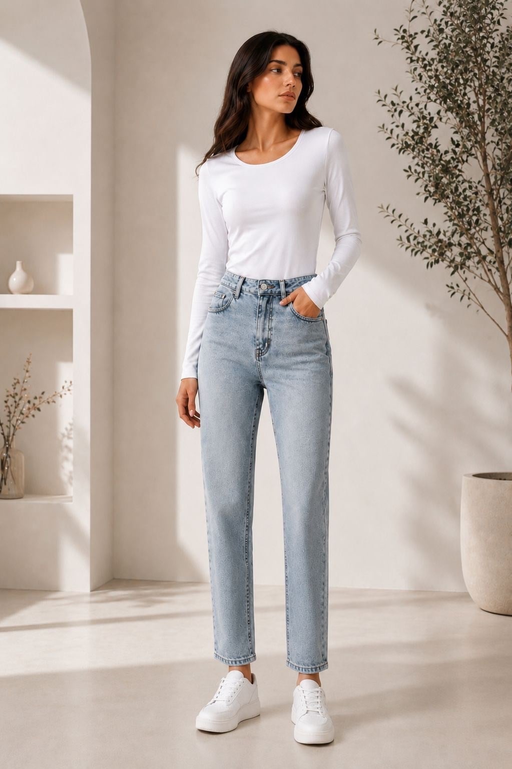 Açık Mavi Renk Dar Paça Beli Lastikli Denim Pantolon