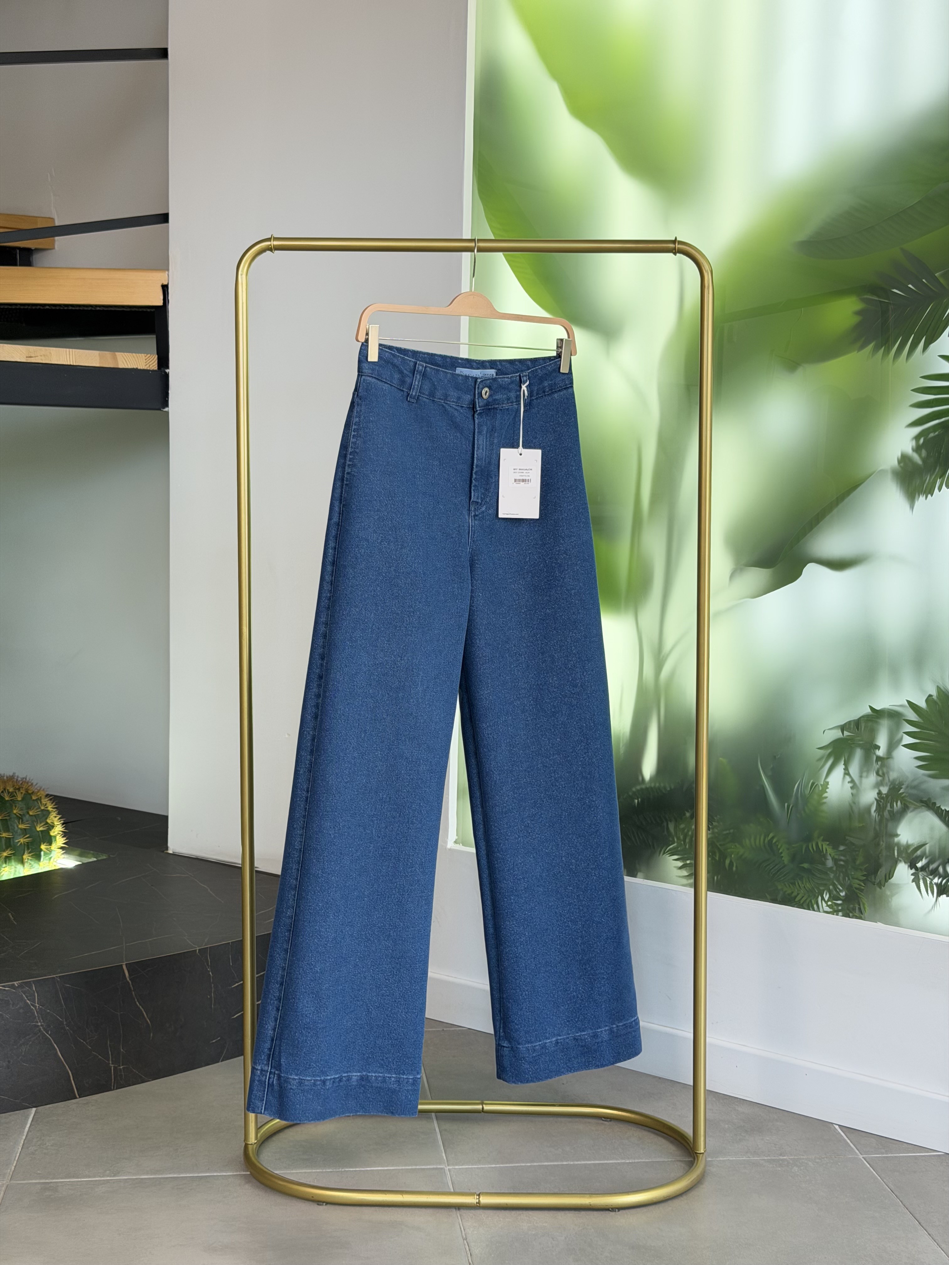 Açık Mavi Renk Işıltı Wide Leg Jean Pantolon