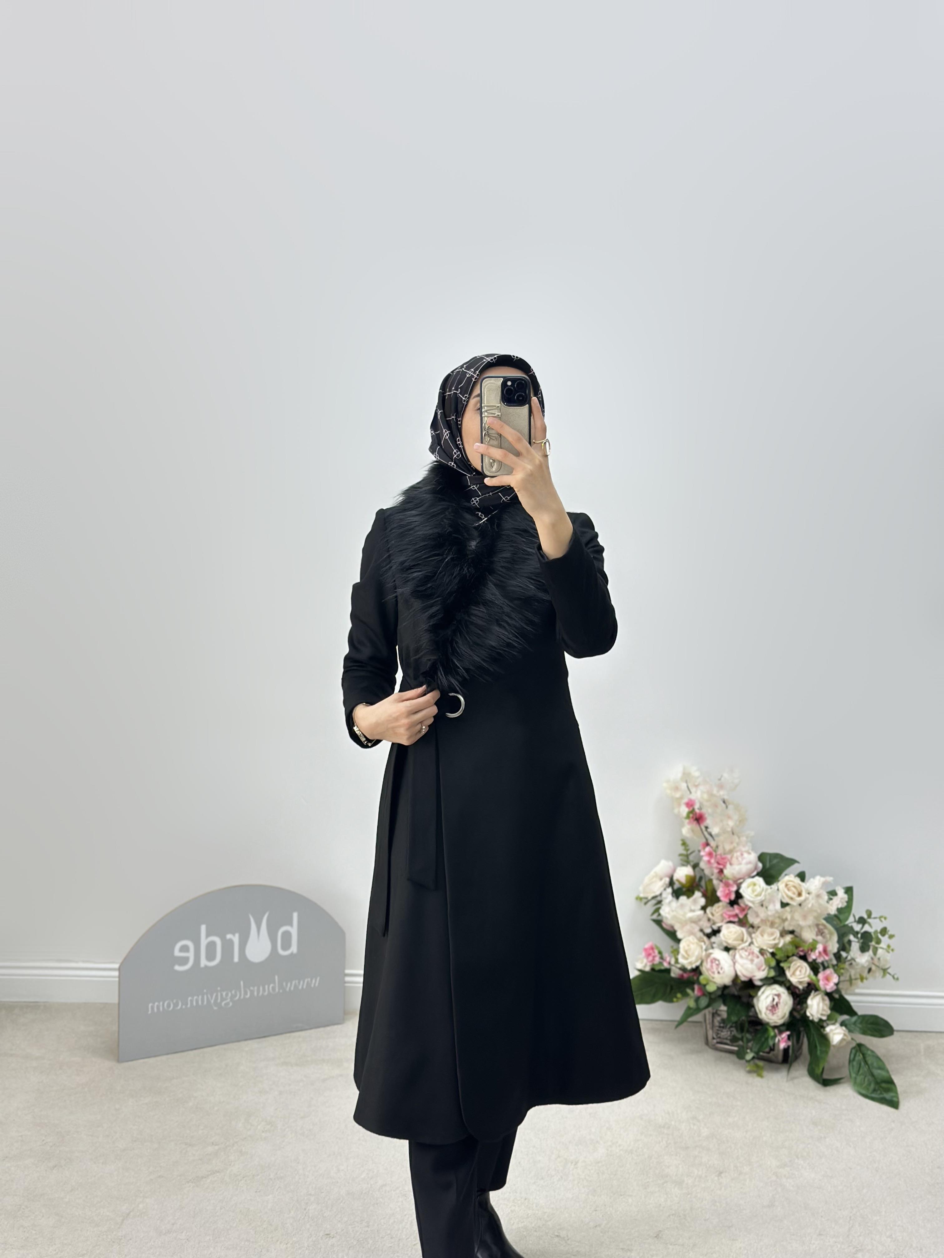 Armine Collection Kürklü Kaşe Kaban 24KH7530 Siyah 