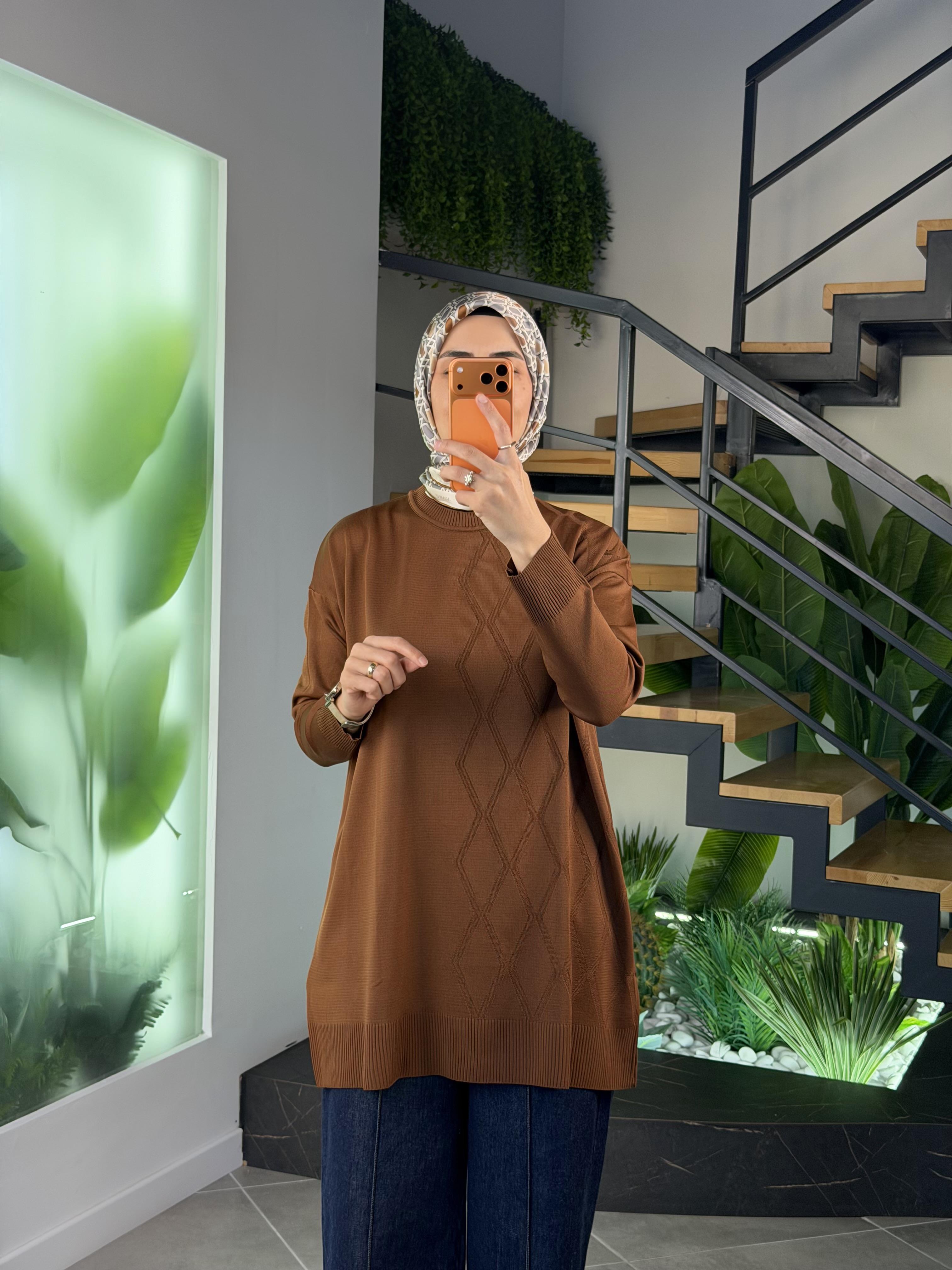 Armine Trend Baklava Desen Detaylı Merserize Kadın Tunik 25YTD4118 Camel