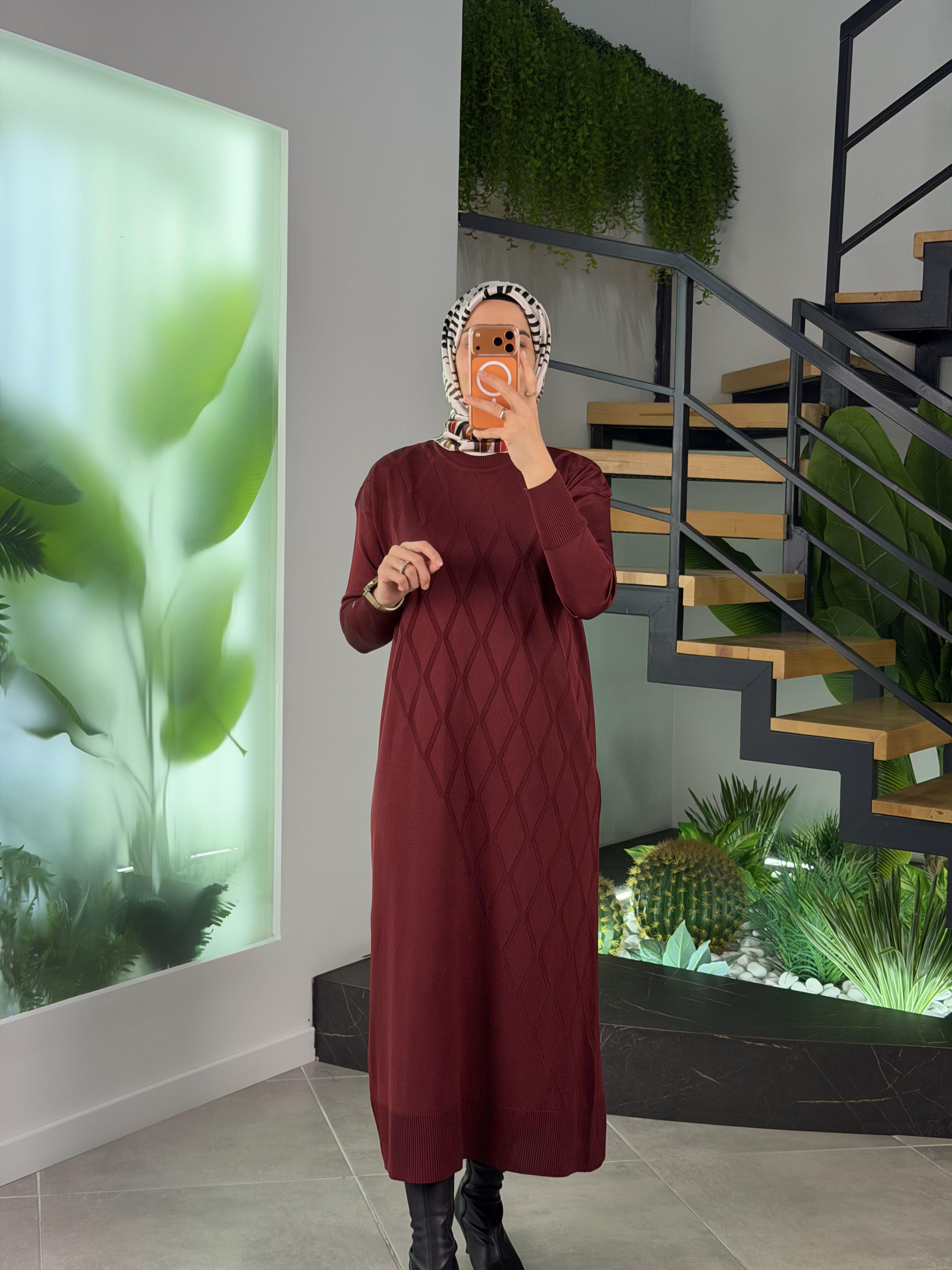 Armine Trend Baklava Desenli Triko Elbise 25YTD957 Bordo