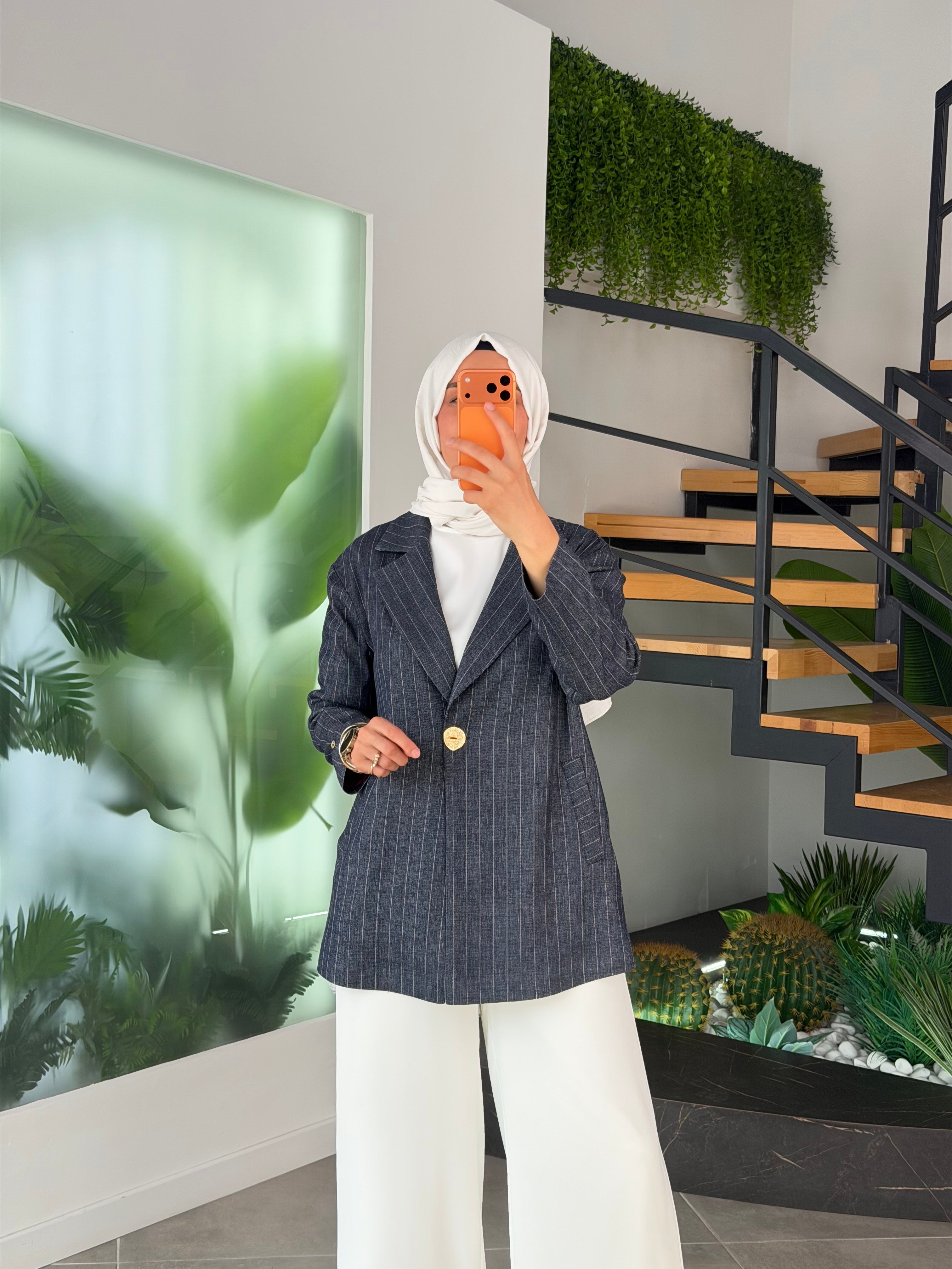 Armine Trend Çizgili Blazer Ceket 26YT6182-1 Lacivert