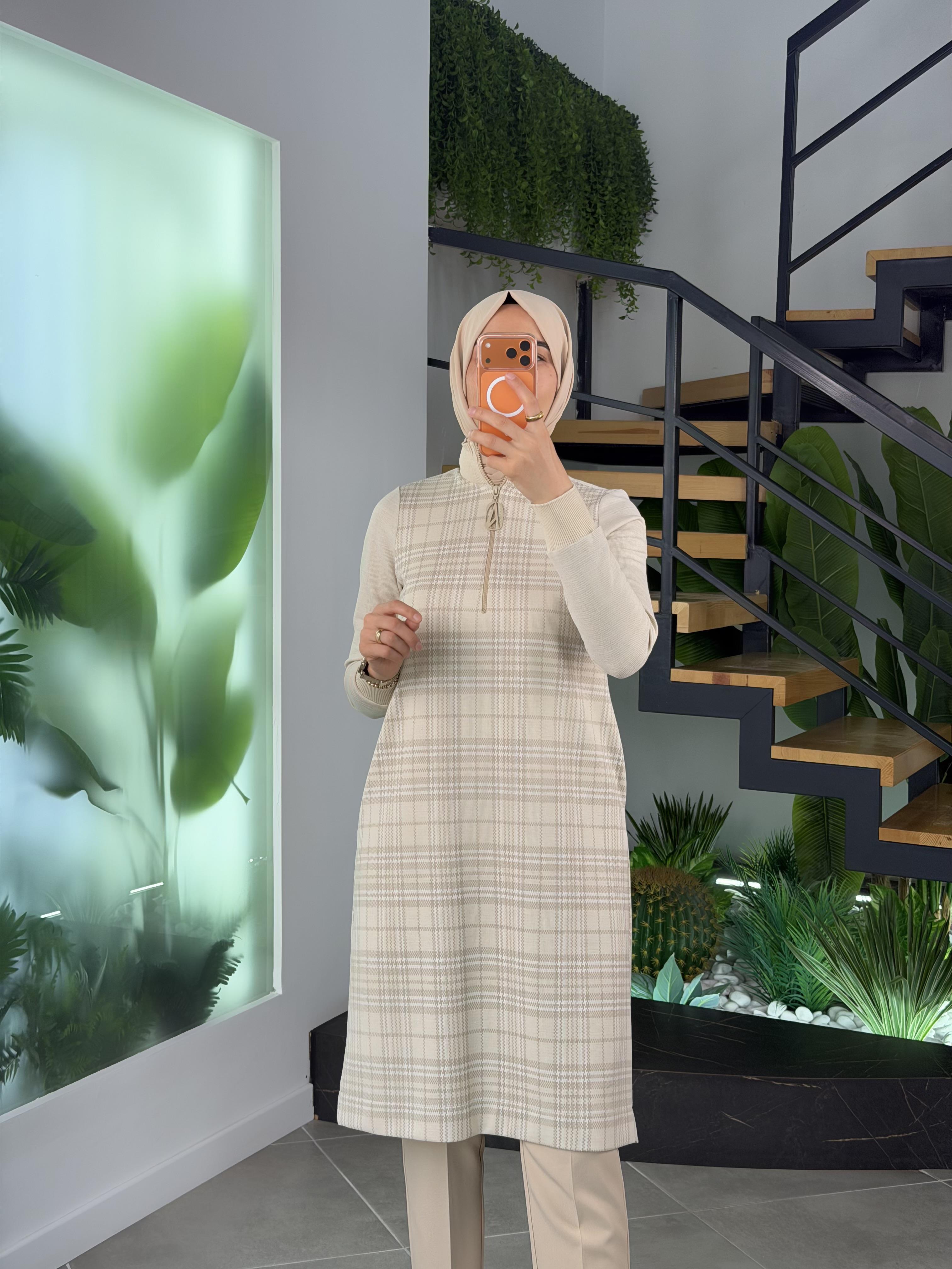 Armine Trend Ekose Desenli Tunik 25KT464 Bej